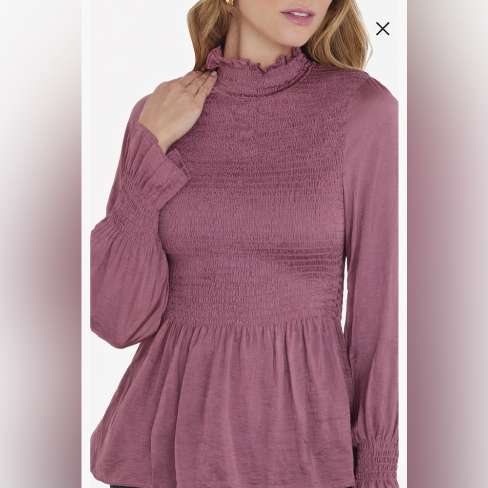VICI Smocked Satin Peplum Blouse Mauve Long Sleeve Ruffle Neck Size Medium - Picture 3 of 9